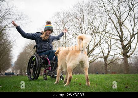 Finalist des Crufts Canine Held Award Golden Retriever Phoebe mit Besitzer Jazz Turner, bei einer Einführungsveranstaltung für das Crufts 2024 in Green Park, London. Bilddatum: Dienstag, 20. Februar 2024. Stockfoto