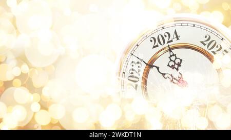 Vintage Gold Uhr zeigt auf Neujahr 2024 auf einem beigefarbenen Bokeh Hintergrund mit Feuerwerk, Konzept. Neujahr und Weihnachtskarte, kreative Idee. Celebratio Stockfoto