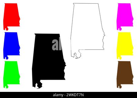 Silhouette und Umrisskarte des Bundesstaates Alabama (USA, USA oder USA) Stock Vektor