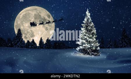 Weihnachtsmann in einem Schlitten mit Rentierfliegen am nächtlichen Sternenhimmel mit einem erstaunlichen großen Mond und Weihnachtsbaum mit Lichtern. Magic Happy New Year 2024 Stockfoto