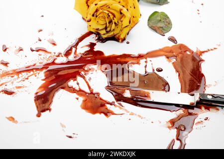 Die schöne gelbe Rose mit Messer auf blutigem Hintergrund. Stockfoto