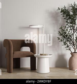 Moderne gemütliche Ecke mit elegantem braunem Stuhl und eleganter Stehlampe Stockfoto