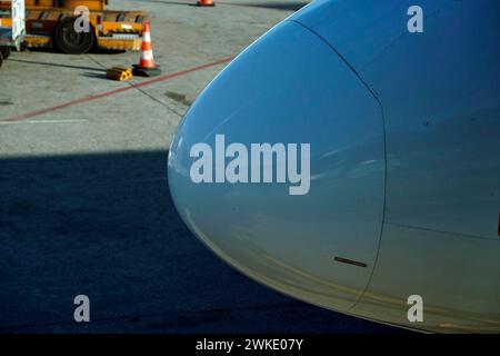 Ein Flugzeugdetail, das am Gate geparkt ist Stockfoto