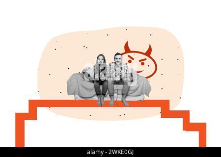 Collage kreative Poster Illustration monochrome Effekt schöne fröhliche junge Paare spielen Videospielkonsole weißer Hintergrund Stockfoto