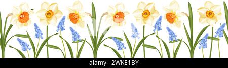 Nahtloser Blumenrand mit Frühlingsblumen, blauer Hyazinthe und Narzissen. Stock Vektor