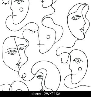 Vektor-Gesichter eine Linie nahtloses Muster, kubistische Stil Menschen kritzeln minimalistisches Design. Kunstfrau Portrait einfaches Poster, Druck, Skizze. Stock Vektor