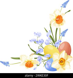 Frühlingsstrauß mit Narzissen, blauer Hyazinthe, Süßerbse und Ostereiern. Stock Vektor