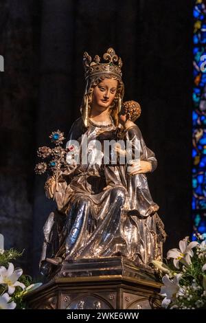 Jungfrau von Roncesvalles., Königliche Stiftskirche Santa María de Roncesvalles, Orreaga. Santiago's Road, Navarra, Spanien. Stockfoto