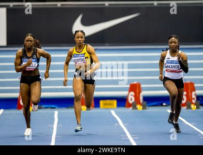 17/18. Februar 2024, Utilita National Indoor Arena, Birmingham, Großbritannien. Veranstaltung: 2024 Leichtathletikmeisterschaften in Großbritannien. Bildunterschrift: Damen 60 m Sprint Bild: Mark Dunn / Alamy Live News (Sport) Stockfoto