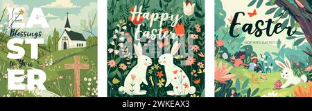 Kreatives quadratisches Bannerset für frohe Ostertage. Bunte Eierjagd mit süßem Häschen und christlicher Kirche. Traditionelle Grußkarte für religiöse Frühlingsfeiern. Vektor Moderne Kunst Zeichnen festlich Stock Vektor
