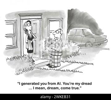 BW Cartoon einer Frau bei einem ersten Date mit einem Mann. Sie hat ihn aus KI generiert. Stockfoto