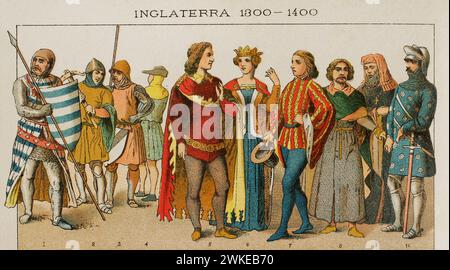 Geschichte Englands. 1300-1400. Von links nach rechts, 1: Krieger, 2: Querbogenmann, 1376. 3: Krieger, 4: Gewöhnliche Volkskleidung, 5-6: hofkleider, 7: ritter, 8: Bürger, 9: herr, 10: ritter, 1377. Chromolithographie. "Historia Universal", von César Cantú. Band VI, 1885. Stockfoto