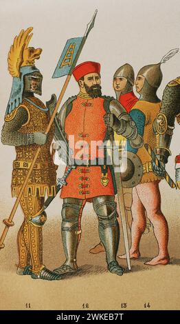 Geschichte Italiens. 1300. Von links nach rechts, 11-12-13: Krieger, 14: Soldat. Chromolithographie. "Historia Universal", von César Cantú. Band VI, 1885. Stockfoto