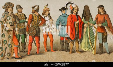 Geschichte Englands. 1450-1500. Von links nach rechts, 1: Ritter des Garterordens, 2-3: Krieger, 4-5: Diener, 6: Bürger, 7: Bürgerliche Kleidung, 8: Minstrel. Chromolithographie. "Historia Universal", von César Cantú. Band VI, 1885. Stockfoto