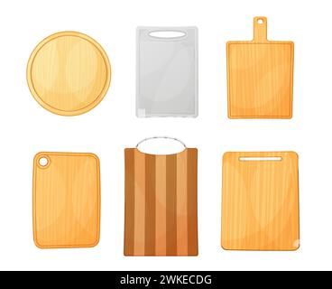 Cartoon Küche Schneidebretter isolierte Vektorsatz. Wichtige Werkzeuge für die Lebensmittelzubereitung, die eine stabile Oberfläche zum Schneiden von Zutaten bieten, sind aus verschiedenen Materialien wie Holz, Kunststoff oder Bambus erhältlich Stock Vektor
