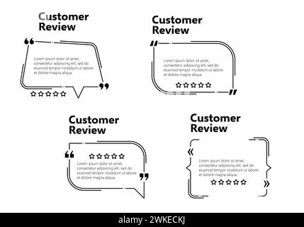Vorlagen für die Beurteilung von Aussagen, Layout des Sprachfelds für Kundenfeedback, Rahmen für Vektorangaben, Vorlagen für Kundenaussagen, Sprachbox für soziale Medien mit Zitaten in Anführungszeichen und Bewertungssternen Stock Vektor