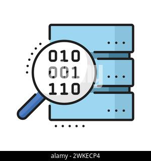 Farbdatenbank, Symbol für Server-Cloud-Speicherzeile. Netzwerktechnologie-Serverdienst, Hosting-Plattform oder Netzwerkspeicher-Mittellinie-Vektorpiktogramm mit Server, Binärcode und Lupe Stock Vektor