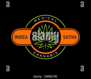Cannabis Marihuana-Symbol des medizinischen CBD-Unkrautblattes für pharmazeutische Droge, Vektorsymbol. Medizinisches Cannabis Sativa Etikett mit grünem Blatt im Kreis, CBD Therapie Öl Tropfen und Rauchen Zigarette Etikett Stock Vektor