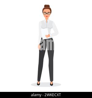 Geschäftsfrau in Brille und formeller Kleidung stehend, Frau, die Papierdokumentvektorillustration hält Stock Vektor