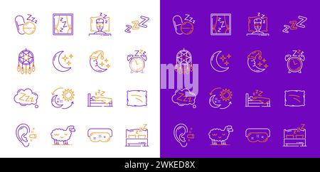 Schlafsymbole, Symbol für Komfort im Schlafzimmer mit dünner Linie. Traum- und Schlafkomfort umrahmt Vektorschild oder Piktogramm mit Mondsichel, Bett, Kissen und Ohrstöpsel, Traumfänger, Schutzbrille, Pille und Wecker Stock Vektor
