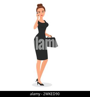 Elegante Geschäftsfrau im schwarzen Kleid, die geht, stilvolle Geschäftsfrau, die auf Telefon-Vektor-Illustration spricht Stock Vektor