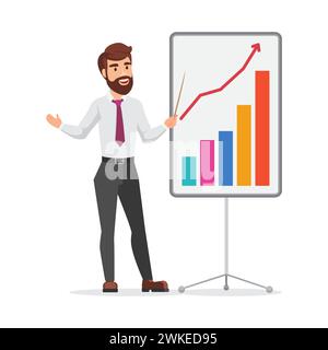 Lustiger glücklicher Geschäftsmann, der auf das Wachstum der Business-Chart auf Präsentationstafel-Vektor-Illustration zeigt Stock Vektor