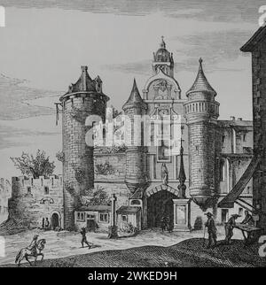 Paris, Frankreich. Grand Châtelet. Festung, erbaut von König Ludwig VI. (1081–1137) am rechten Ufer der seine. Es wurde nach den normannischen Einfällen in Stein wiederaufgebaut. Nachdem die Festung verworfen wurde, wurde sie zum Hauptquartier des Pariser Provosten, in dem Gefängnisse und Folterkammern untergebracht waren. Sie wurde 1808 auf Befehl Napoleons abgerissen. Hauptfassade. Faksimile nach einem Stich von Matthäus Merian in Topographia Galliae von Martin Zeiler. Veröffentlicht In Frankfurt, 1655. "Moeurs, usages et Kostüumes au moyen-âge et à l'époque de la Renaissance" von Paul Lacroix. Paris, 1878. Stockfoto