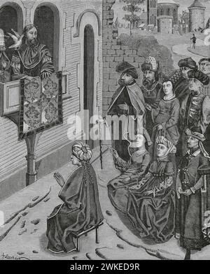 Vertreibung der Juden aus Judäa 135 n. Chr. durch den römischen Kaiser Hadrian nach der Niederschlagung der Bar Kokhba-Revolte. Der Versuch, die Juden zu vertreiben, wäre erfolglos. Wie Heraklius die Juden aus Jerusalem vertrieben hat. Faksimile einer Miniatur in „Histoire des Empereurs“, einem Manuskript aus dem 15. Jahrhundert. "Moeurs, usages et Kostüumes au moyen-âge et à l'époque de la Renaissance" von Paul Lacroix. Paris, 1878. Stockfoto