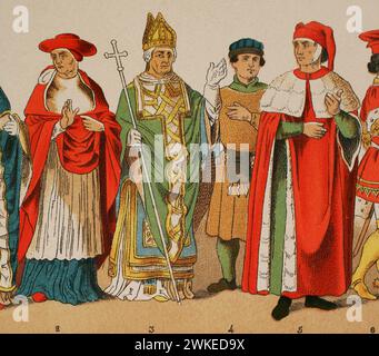 Geschichte Italiens. 1300. Von links nach rechts, 2: kardinal, 3: erzbischof, 4: Bürger, 5: ritter. Chromolithographie. "Historia Universal", von César Cantú. Band VI, 1885. Stockfoto