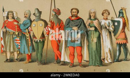Geschichte Deutschlands. 14. Jahrhundert. Von links nach rechts, 1: Graf von Thüringen, 2-5-8: ritter im Schlachtkleid, 3-4: Einfache bewaffnete Menschen, 6-7: Edle Damen. Chromolithographie. "Historia Universal", von César Cantú. Band VI, 1885. Stockfoto