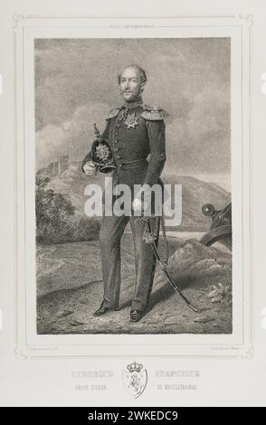 Friedrich Franz II. (1823-1883). Großherzog von Mecklenburg-Schwerin (1842-1883). Hochformat. Zeichnung von C. Legrand. Lithographie von J. Donón. Reyes Contemporáneos (Zeitgenössische Könige). Band II Veröffentlicht in Madrid, 1852. Autor: Julio Donón. Spanischer Künstler, der von 1840 bis 1880 aktiv war. Luis Carlos Legrand (Fl. 1829-1858). Spanischer Zeichner und Lithograf. Stockfoto