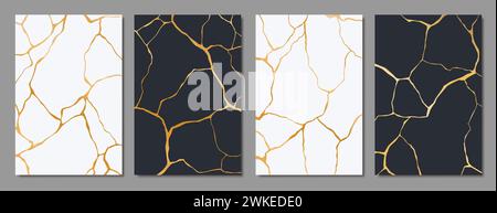 Goldene Kintsugi-Risse, Strukturmuster aus schwarzem und weißem Marmor. Vertikale Vektorhintergründe, die elegante Adern mit goldenen Nähten verbinden und die japanische Kunst des Umgangs mit Unvollkommenheiten verkörpern Stock Vektor