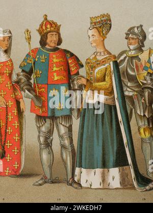 Richard III. Von England (1452-1485). König von England und Herr von Irland (1483–1485). Margaret Tudor (1489-1541). Königin von Schottland durch ihre Heirat mit König Jakob IV Chromolithographie. "Historia Universal", von César Cantú. Band VI, 1885. Stockfoto