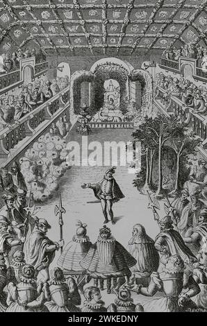 Frankreich, Paris. Aufführung eines Hofspektakels vor König Henri III. (1551–1589) und seinem Hof in der Galerie des Louvre am 15. Oktober 1581. Erste Szene des Balletts Comique de la Royne. Anlässlich der Hochzeit des Herzogs von Joyeuse mit Marguerite de Lorraine, der Schwägerin des Königs, arrangierte die Königin Mutter Catherine de' Medici eine aufwendige Aufführung unter der Regie des Choreographen Balthazar de Beaujoyeulx (ca. 1535 - ca. Nr. 1587). Faksimile eines Gravurs, der 1582 in Paris veröffentlicht wurde. "Moeurs, usages et Kostüumes au moyen-âge et à l'époque de la Renaissance" von Paul Lacroix. Stockfoto