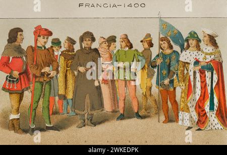 Geschichte Frankreichs. 1400. Von links nach rechts, 1: Bürger, 2: Karl VII. Von Frankreich (1403-1461), 3: Bürger, 4-5: Adlige, 6: Professor, 7: Bürger, 8: Seite, 9: Bürger, 10: herald, 11-12: Prinzen. Chromolithographie. "Historia Universal", von César Cantú. Band VI, 1885. Stockfoto