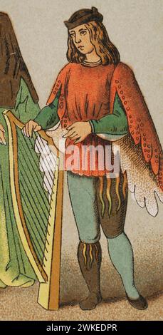 Geschichte Englands. 1450-1500. Minstrel. Chromolithographie. "Historia Universal", von César Cantú. Band VI, 1885. Stockfoto