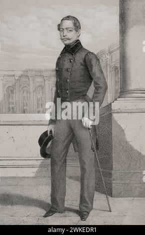 Ludwig III. (1806-1877). Großherzog von Hessen und am Rhein (1848-1877). Hochformat. Zeichnung von C. Legrand. Lithographie von J. Donón. Reyes Contemporáneos (Zeitgenössische Könige). Band II Veröffentlicht in Madrid, 1852. Autor: Julio Donón. Spanischer Künstler, der von 1840 bis 1880 aktiv war. Luis Carlos Legrand (Fl. 1829-1858). Spanischer Zeichner und Lithograf. Stockfoto