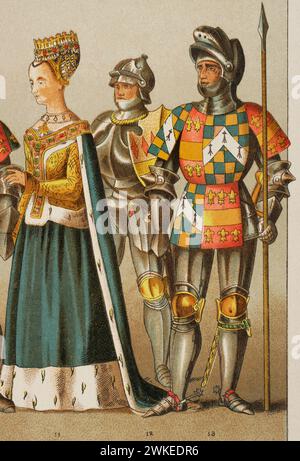 Geschichte Englands. 1450-1500. Von links nach rechts 11: Margaret Tudor (1489–1541), Königin von Schottland, 12: knight, 13: Earl of Warwick. Chromolithographie. "Historia Universal", von César Cantú. Band VI, 1885. Stockfoto