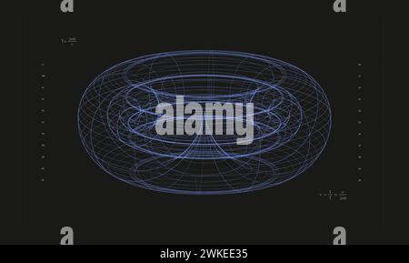 Abstrakte Illustrationen, geometrische Formen in blauer Farbe vor schwarzem Hintergrund mit physikalischen Formeln. Moderne Ästhetik, minimalistische Kunst. Stock Vektor