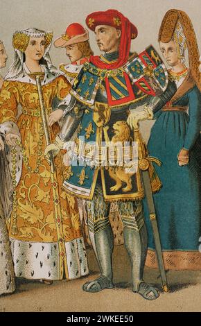 Philipp III. Der Gute (1396-1467). Herzog von Burgund (1419-1467). Philipp III. Zusammen mit zwei Prinzessinnen. Chromolithographie. "Historia Universal", von César Cantú. Band VI, 1885. Stockfoto