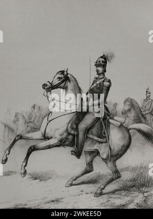 Friedrich I. (1826-1907). Großherzog von Baden (1856-1907). Reiterporträt. Zeichnung von M. Iglesias. Lithographie von J.J. Martinez. Reyes Contemporáneos (Zeitgenössische Könige). Band II Veröffentlicht in Madrid, 1852. Autor: Manuel Iglesias y Domínguez. Spanischer Maler aus dem 19. Jahrhundert. J. J. Martínez. Spanischer Lithograph aus dem 19. Jahrhundert. Stockfoto