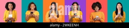 Verschiedene Gruppe von sechs jungen Frauen, die lächeln und Smartphones halten Stockfoto
