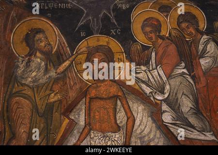 Die Taufe Christi. Wandmalerei. Details. Aus der Kirche St. Petka. Krapets, Region Pernik, Bulgarien. 17. Jahrhundert. Nationales Archäologisches Museum. Sofia. Bulgarien. Stockfoto