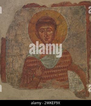 St. Demetrius von Thessalonica (ca. 270- ca. Nr. 306). Griechischer christlicher Märtyrer, der in Sirmium (heute Sremska Mitrovica, Serbien) das Martyrium erlitt. Fresco. 12.-13. Jahrhundert. Von der Kirche St. Nikolaus in Melnik, Blagoevgrad, Bulgarien. Nationales Archäologisches Museum. Sofia. Bulgarien. Stockfoto