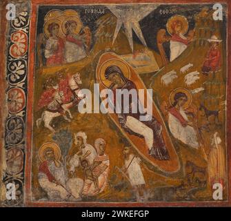 Die Geburt Christi. Wandmalerei. Aus der Kirche St. Petka. Krapets, Region Pernik, Bulgarien. 17. Jahrhundert. Nationales Archäologisches Museum. Sofia. Bulgarien. Stockfoto