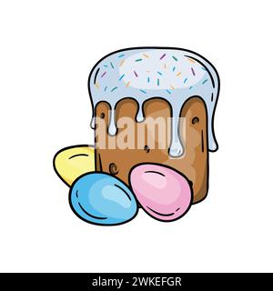 Farbbild von Osterkuchen und hell bemalten Eiern. Illustration für Osterkarte, Druck und Aufkleber Stock Vektor