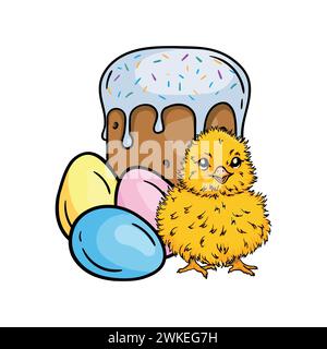 Niedliches gelbes Huhn, das neben dem Osterkuchen sitzt und bemalte Eier. Vektor-Illustration für Osterkarte, Druck und Aufkleber Stock Vektor