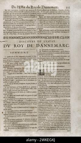 "Les Estats, Empires, Royaumes et Principautez du Monde" (die Staaten, Reiche, Königreiche und Fürstentümer der Welt), von D. T. V. Y. (Pierre d'Avity, 1573-1635). Erklärung des Staates des Königs von Dänemark, Zusammenfassung. Ausgabe gedruckt in Genf von Samuel Chouët, 1665. Stockfoto