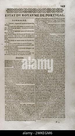 "Les Estats, Empires, Royaumes et Principautez du Monde" (die Staaten, Reiche, Königreiche und Fürstentümer der Welt), von D. T. V. Y. (Pierre d'Avity, 1573-1635). Staat des Königreichs Portugal, Zusammenfassung. Ausgabe gedruckt in Genf von Samuel Chouët, 1665. Stockfoto