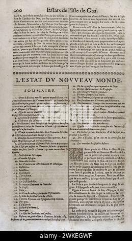 "Les Estats, Empires, Royaumes et Principautez du Monde" (die Staaten, Reiche, Königreiche und Fürstentümer der Welt), von D. T. V. Y. (Pierre d'Avity, 1573-1635). Der Zustand der Neuen Welt, Zusammenfassung. Ausgabe gedruckt in Genf von Samuel Chouët, 1665. Stockfoto